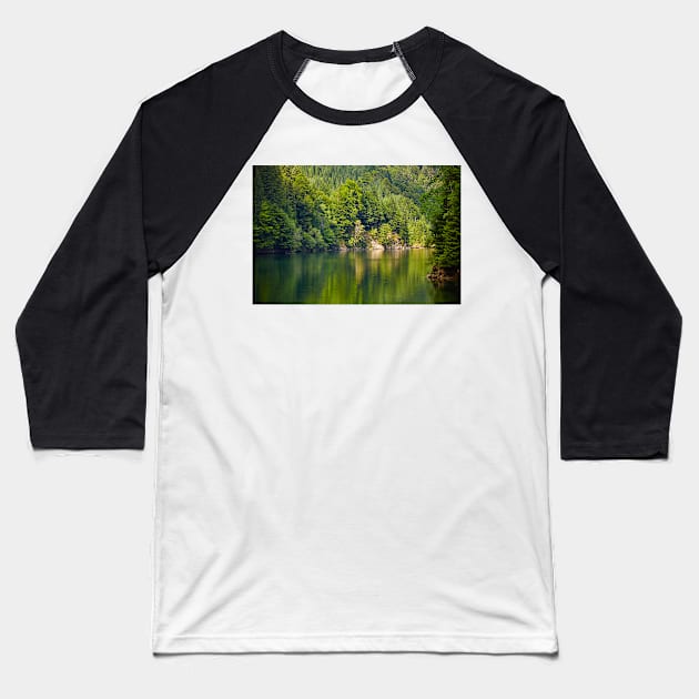 Lake and pine trees Baseball T-Shirt by naturalis